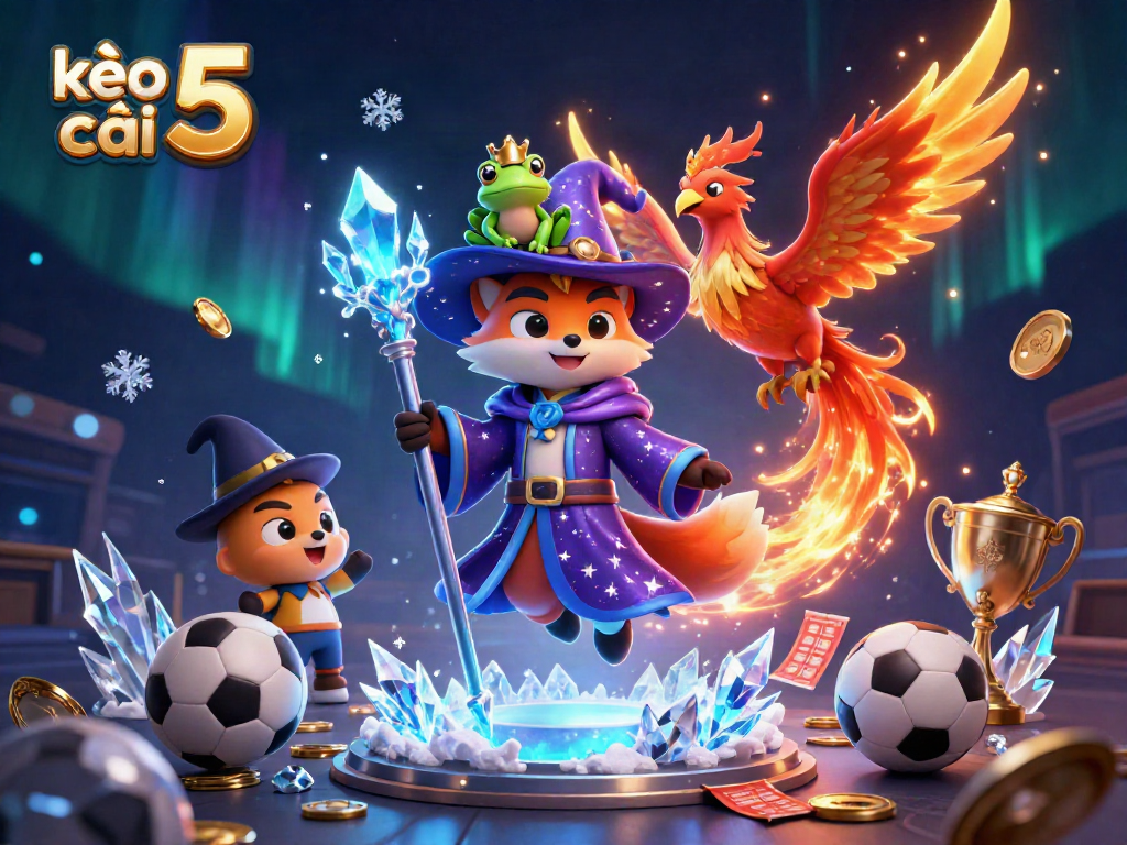 Bet on kèo nhà cái 5 with a wizard fox and phoenix in a vibrant sports betting scene
