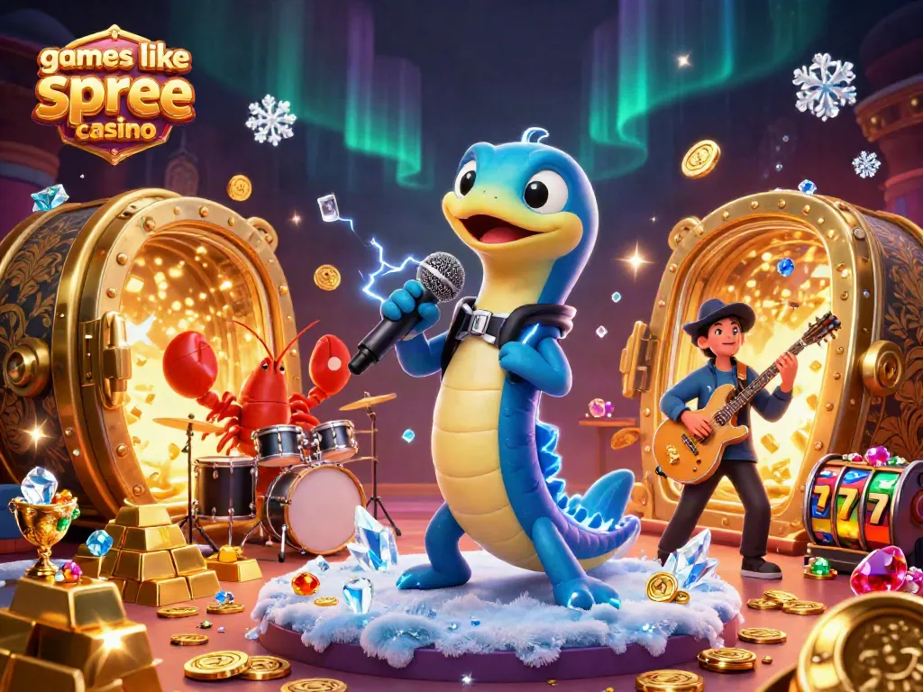 Win big with games like Spree Casino in this vibrant 3D casino scene featuring slot reels and treasure.