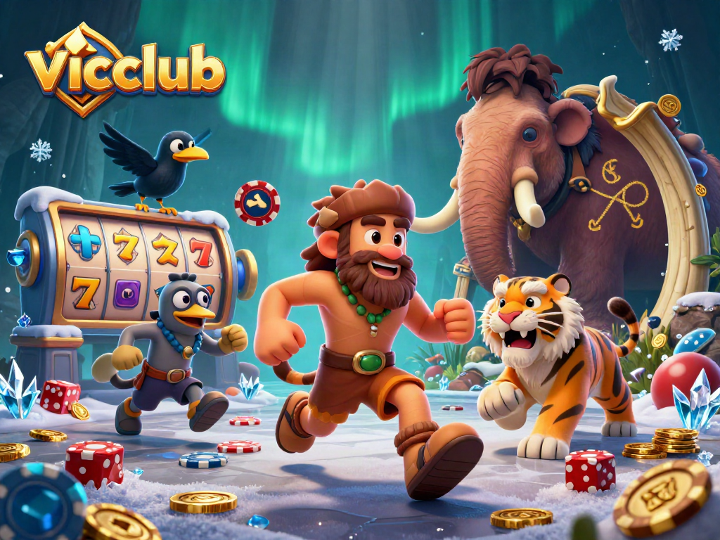 Experience the excitement of vicclub's prehistoric casino with colorful slots and dynamic characters.