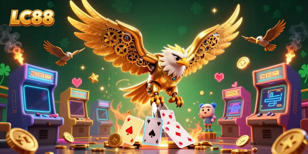 Experience thrilling gameplay and dazzling entertainment at LC88, highlighted by the vibrant golden eagle and casino themes.
