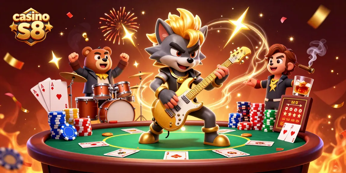 Engage in thrilling poker at casino s8 with a vibrant cartoon scene featuring a rock star wolf and drummer bear.