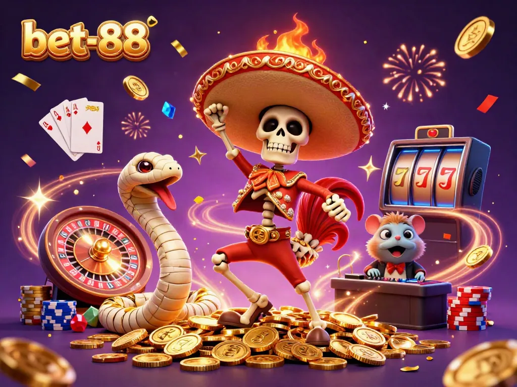 Bet-88 showcases a vibrant 3D casino scene with a skeleton mariachi rooster celebrating on coins.