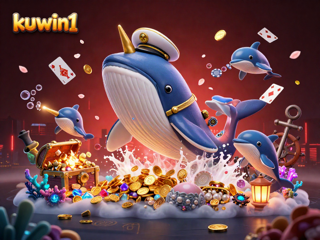 Kuwin1 casino illustration featuring a cartoon whale amidst gold coins, playful dolphins, and vibrant gaming elements.