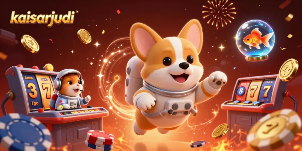 Engage with kaisarjudi, where a corgi astronaut plays slots amid floating treasures in a cosmic casino.