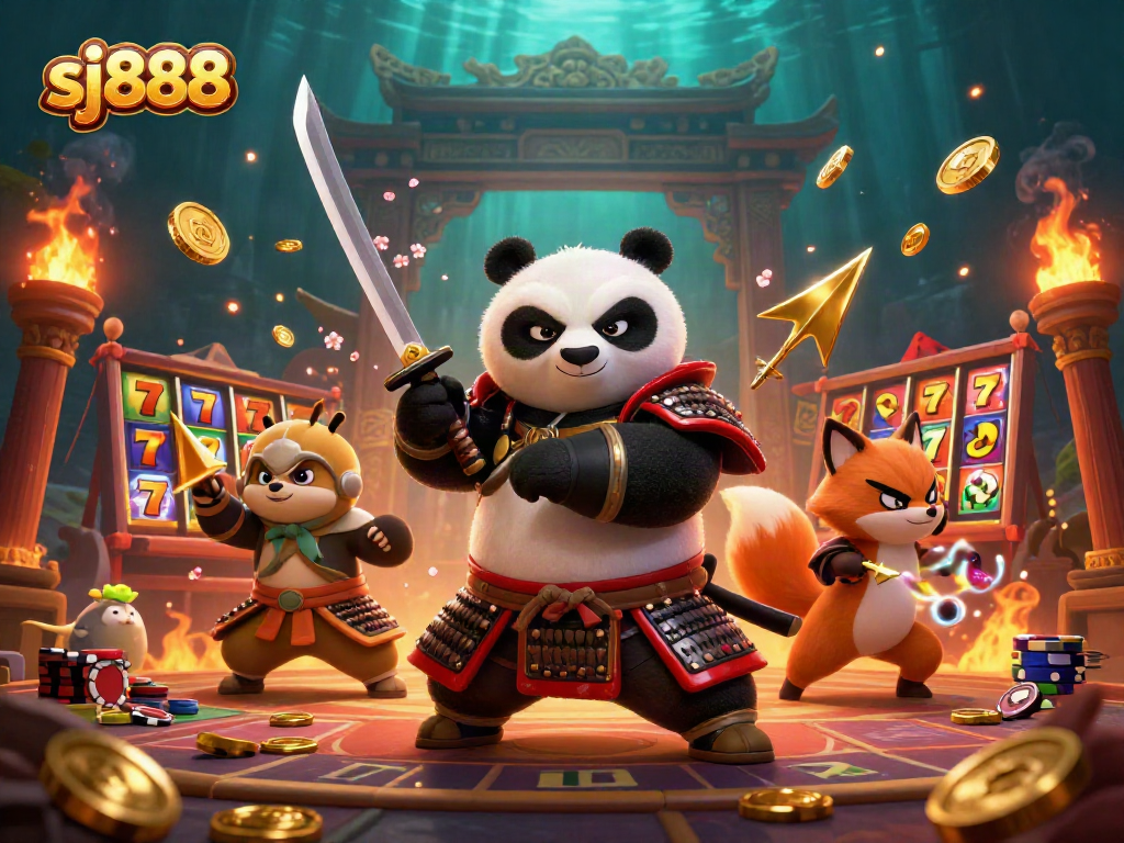 Experience thrilling gameplay with sj888 as a samurai panda and ninja fox engage in casino action.
