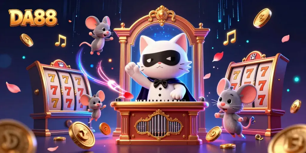 Experience thrill with DA88 at an ornate casino featuring captivating characters and dynamic slot elements.
