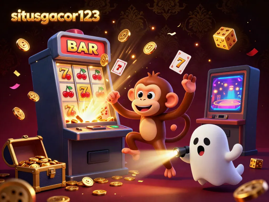 Experience thrilling gaming at situsgacor123 with a mischievous monkey and ghost-hunter puppy in a vibrant casino.