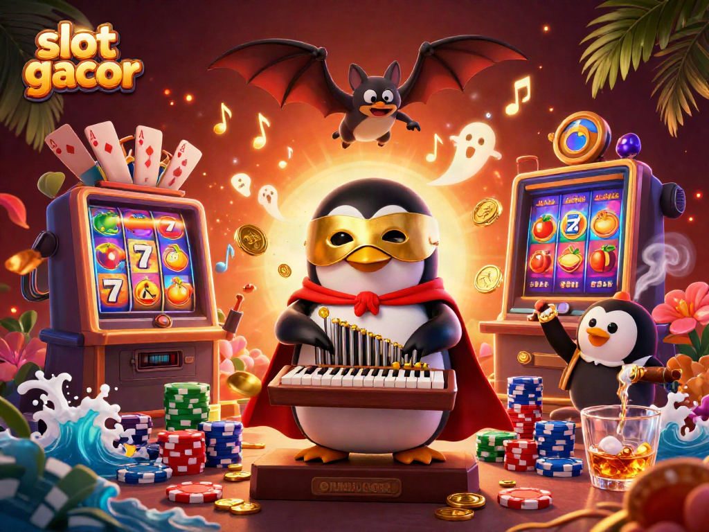 Engage with slot gacor mechanics as a vibrant penguin plays a pipe organ shooting gold coins.