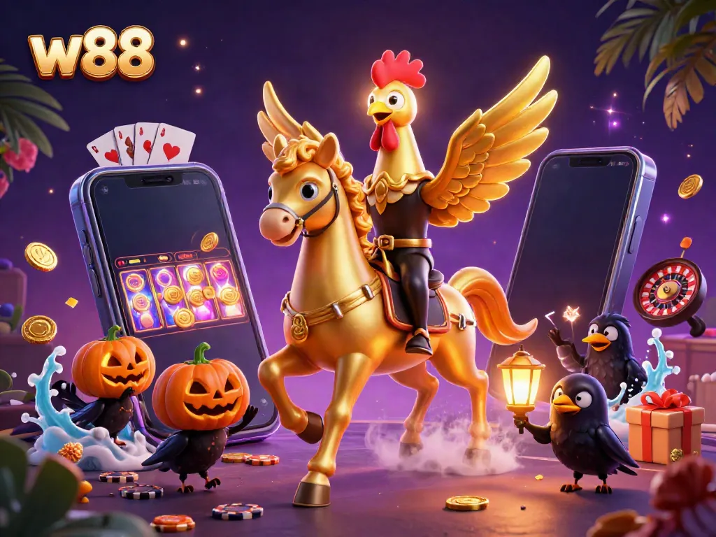Experience the thrill of w88 with a dynamic casino scene featuring games and characters.