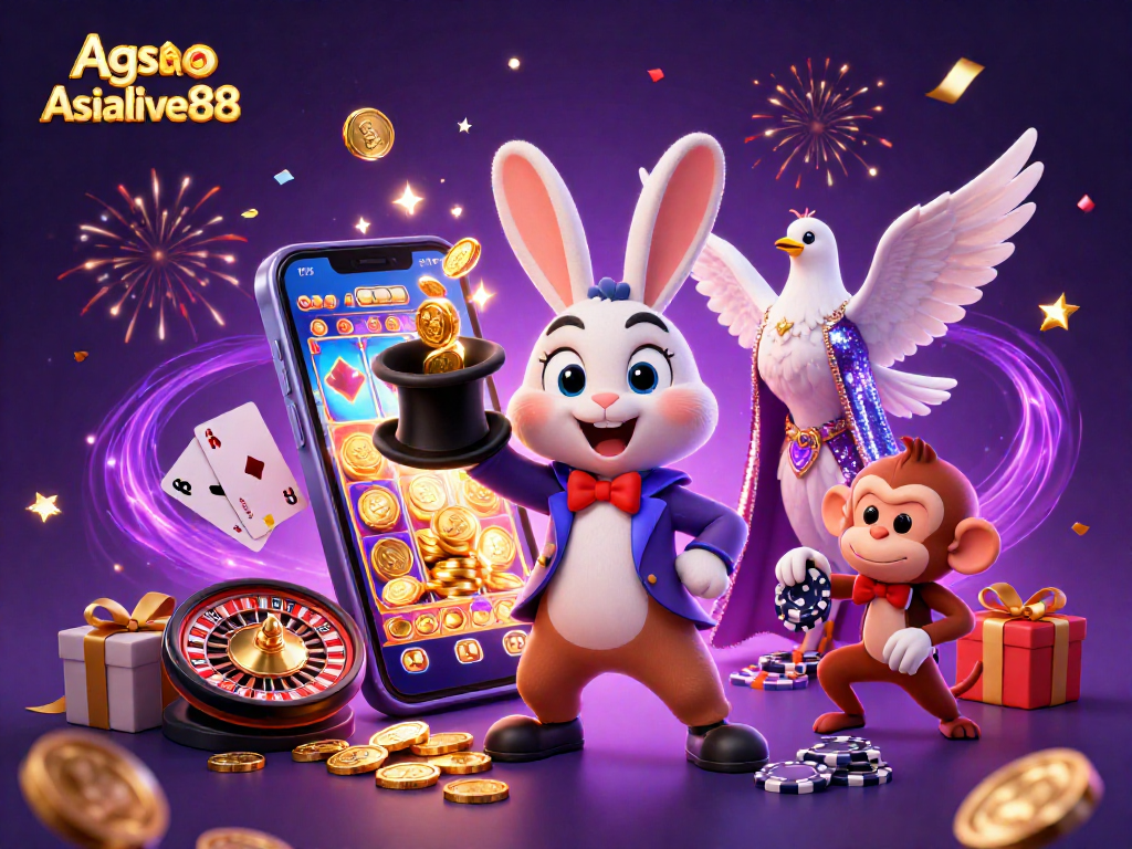 Agen Casino Asialive88 showcases a magical scene with a rabbit, dove, and monkey among casino elements.