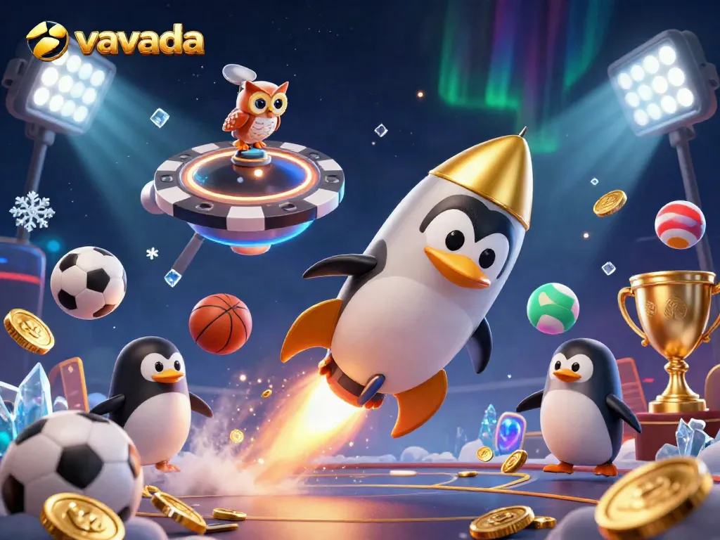 Experience exciting gameplay at Vavada with a golden penguin blasting through space to a vibrant casino.