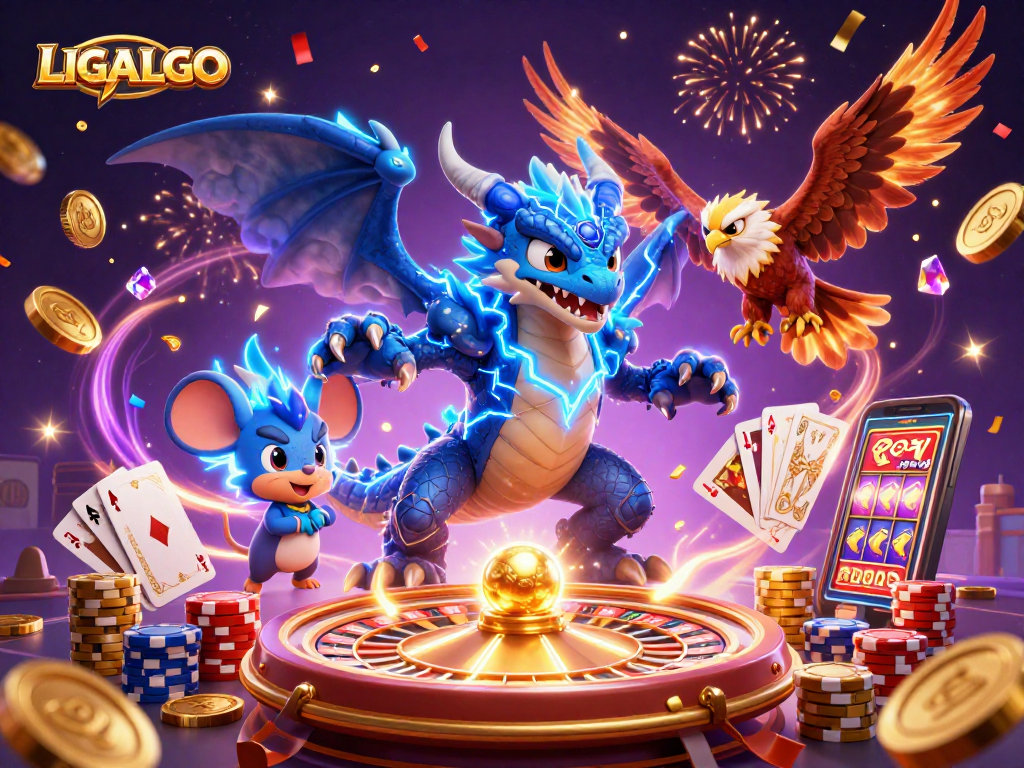 LIGALGO ignites excitement with a vibrant 3D scene featuring a powerful dragon and vibrant game elements.