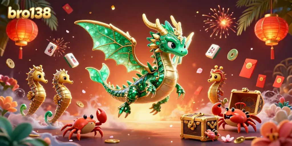 Experience the thrill of winning at bro138 with our vibrant sea dragon and lucky symbols illustration.