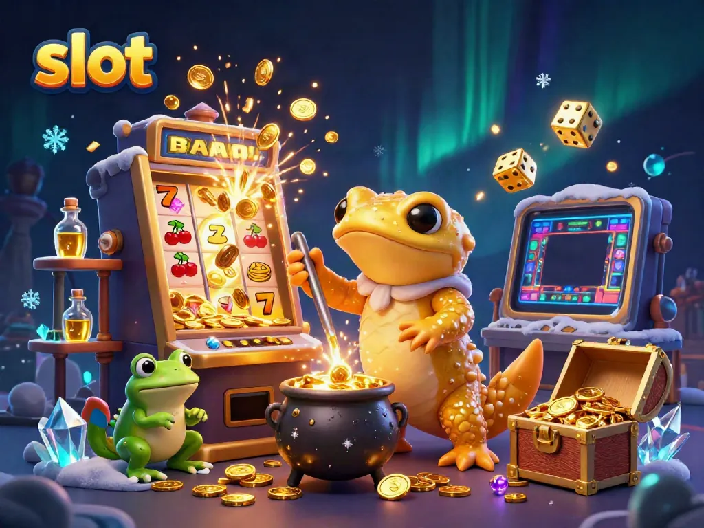 Experience exciting slot gameplay with a golden salamander alchemist and friends transforming materials into coins.