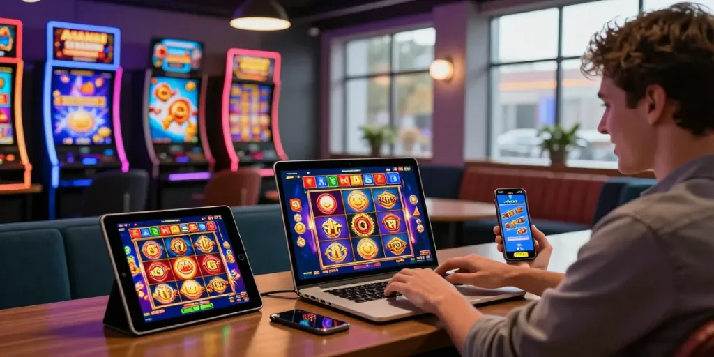 Exciting slot games displayed on multiple devices in a vibrant online casino setting.