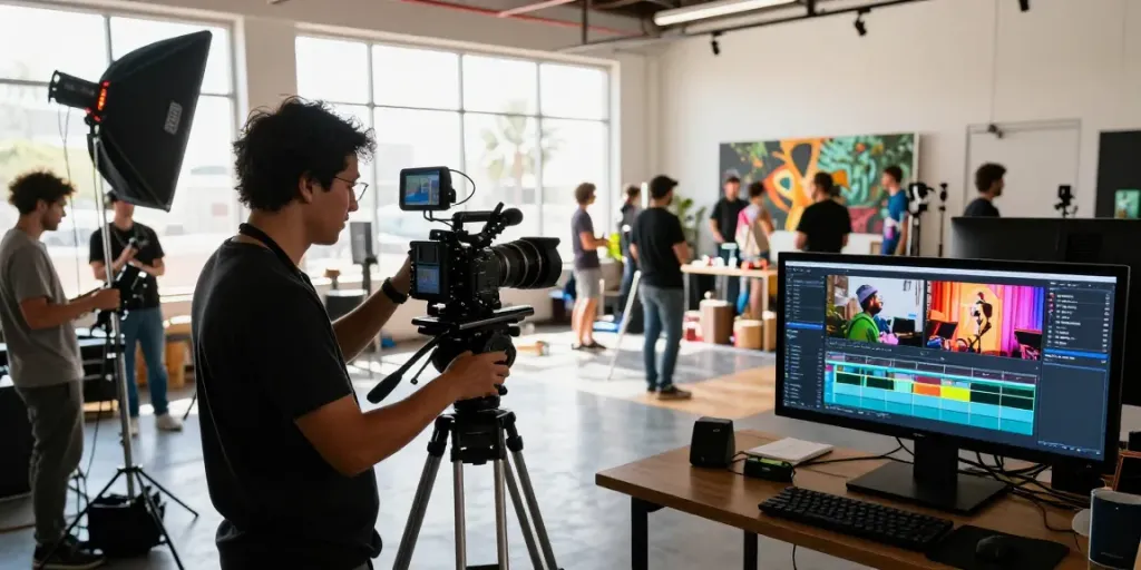 Professional video production company Long Beach, California crew collaborating on set.