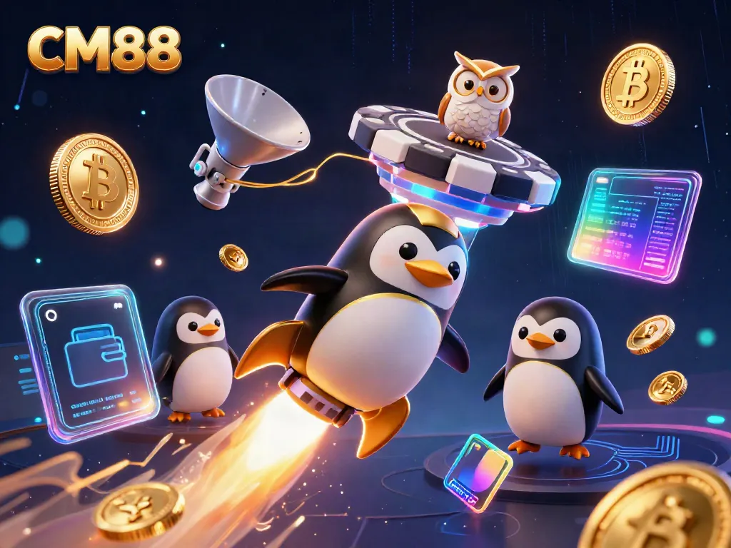 Experience the excitement of CM88 with a golden penguin and a cosmic poker chip casino.