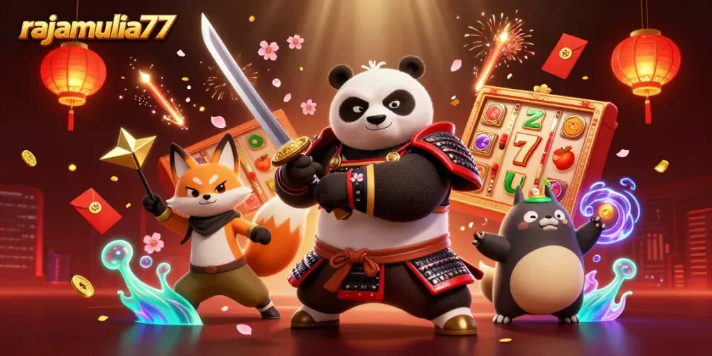 RAJAMULIA77 menghidupkan suasana kasino dengan panda samurai dan elemen permainan yang berkilau.