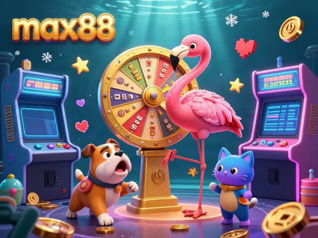 Experience the thrilling atmosphere of max88 with a game show host flamingo, bulldog contestant, and vibrant casino elements.