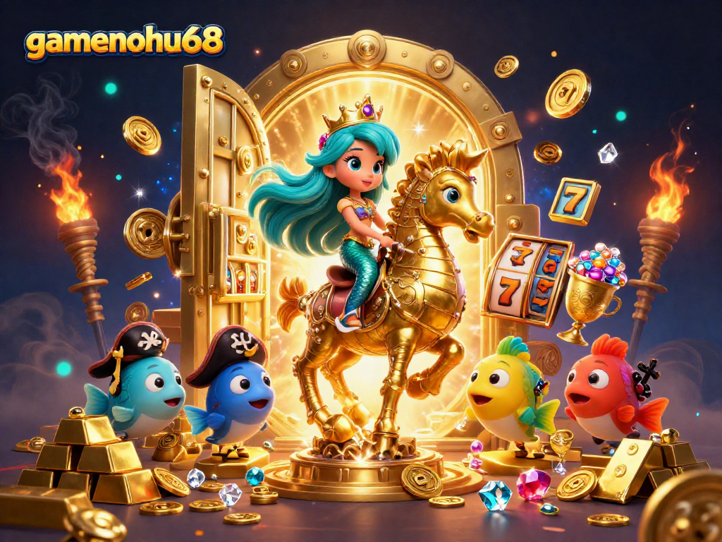 Experience vibrant gaming at gamenohu68 with a mermaid and her golden seahorse amidst slot reels and treasures.