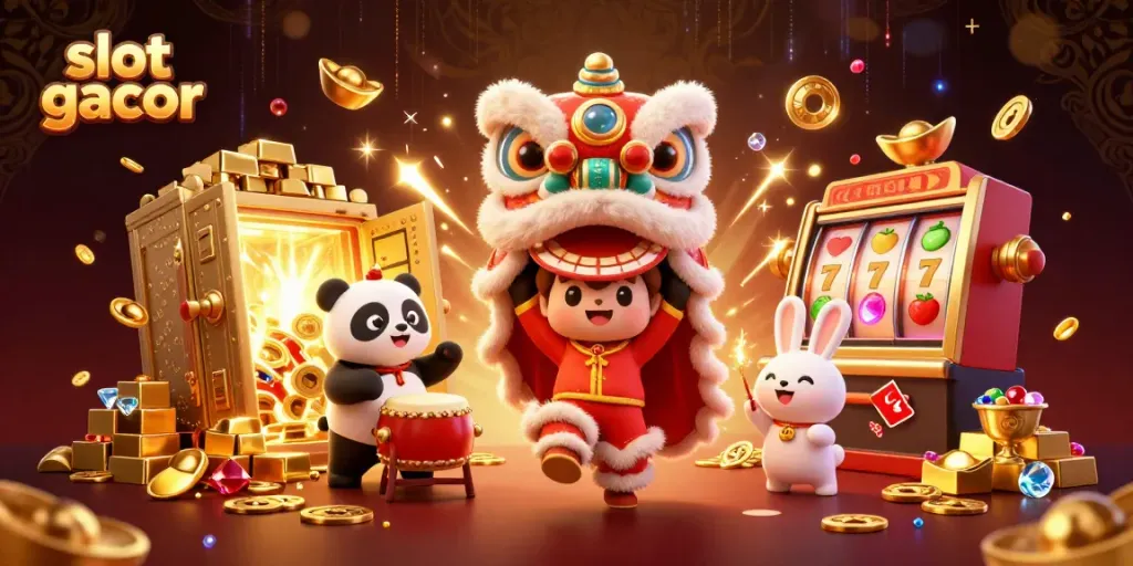 Engage in thrilling slot gacor gameplay with a vibrant lion dance and rich treasures.