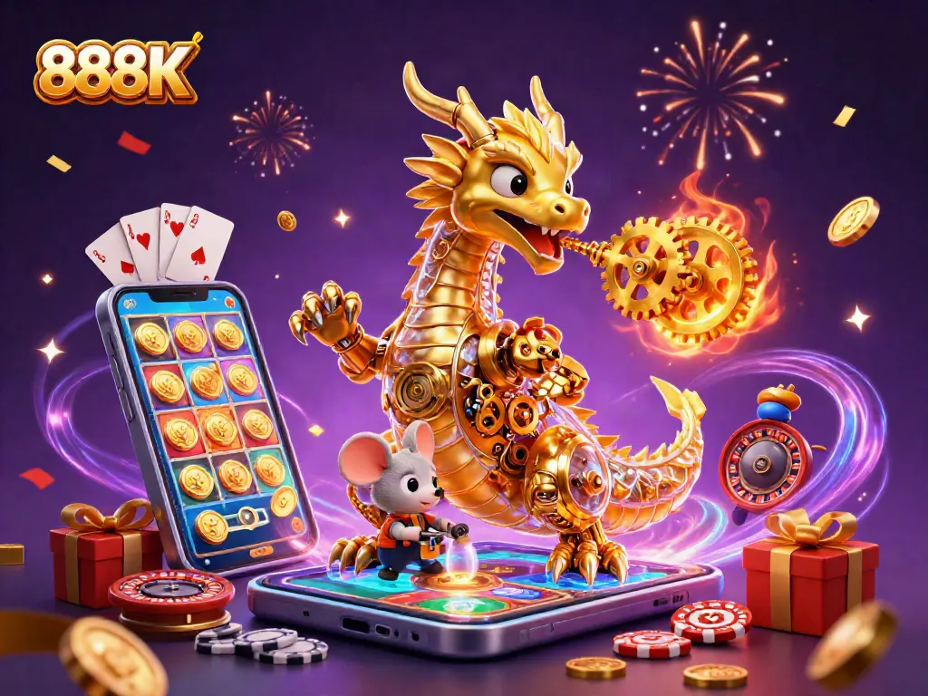 Experience the excitement of 888K with a golden dragon and vibrant casino elements in action.