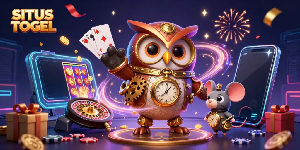 Memenangkan lotere di SITUS TOGEL, gambar ilustrasi kasino bertema steampunk dengan karakter animasi.