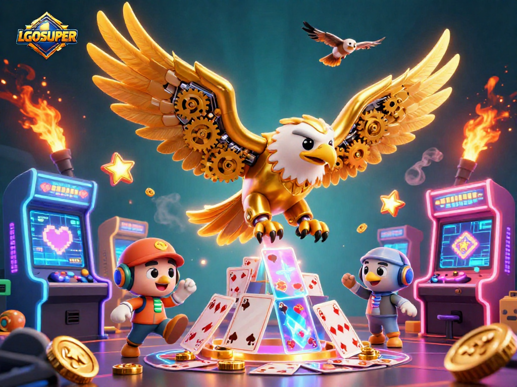 Experience thrilling gameplay with LGOSUPER's golden eagle soaring through holographic cards in this vibrant casino illustration.