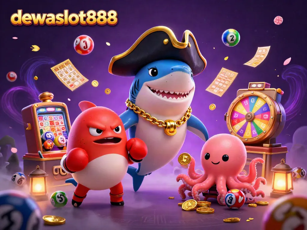 Permainan capsa susun menarik di DEWATASLOT888, dikelilingi bola lotere berwarna dan grafik menggembirakan.