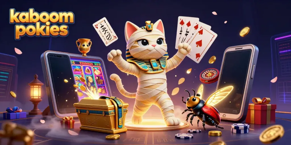 Engage in kaboom pokies with an Egyptian theme featuring a mummy bursting from a sarcophagus.