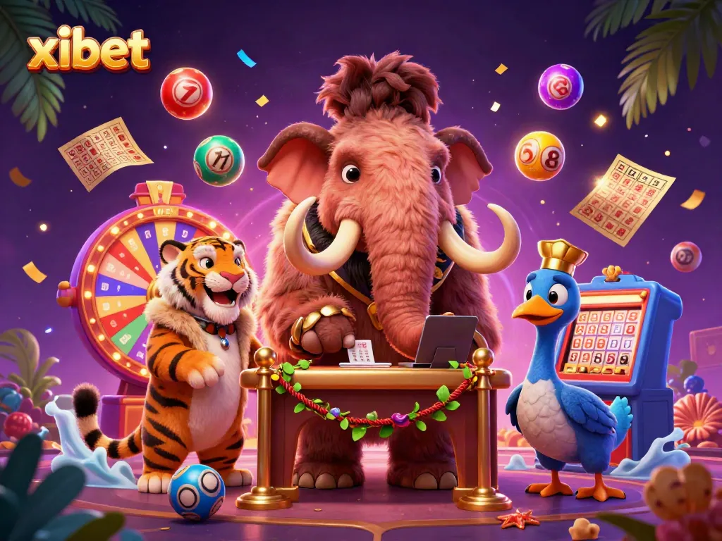 Xibet presents a vibrant casino scene with colorful elements, featuring a woolly mammoth bouncer and a saber-toothed tiger guest.