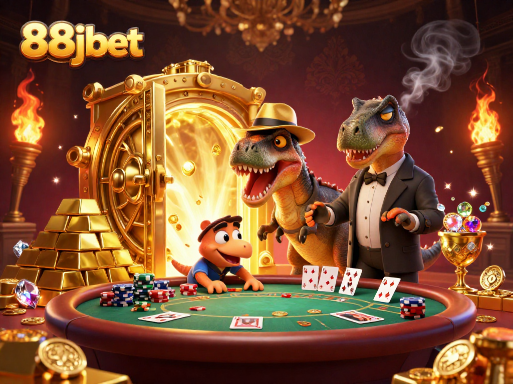 Experience thrilling blackjack action at 88jbet with a clever velociraptor card counter and exciting casino elements.