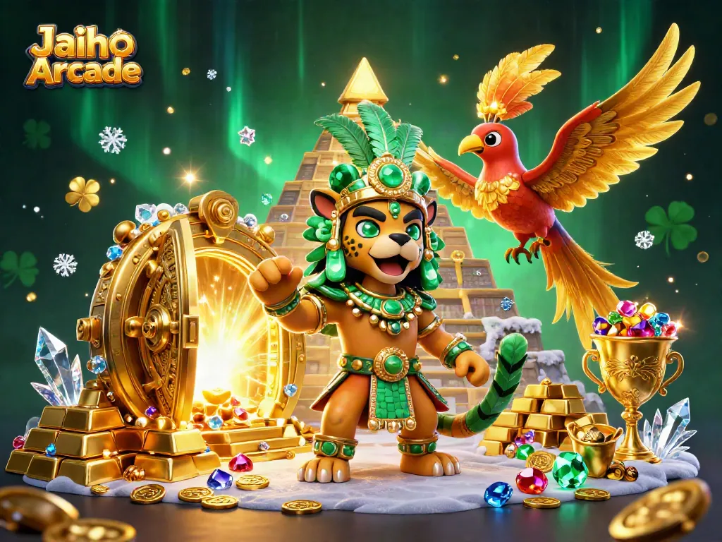 Experience the thrill of Jaiho Arcade with a vibrant scene featuring a Mayan priest, treasure, and casino elements.