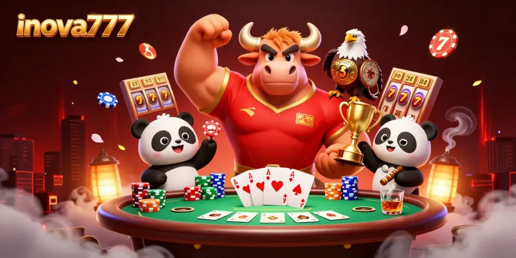Experience the thrills of inova777 with a vibrant 3D casino scene featuring winning characters celebrating at a poker table.