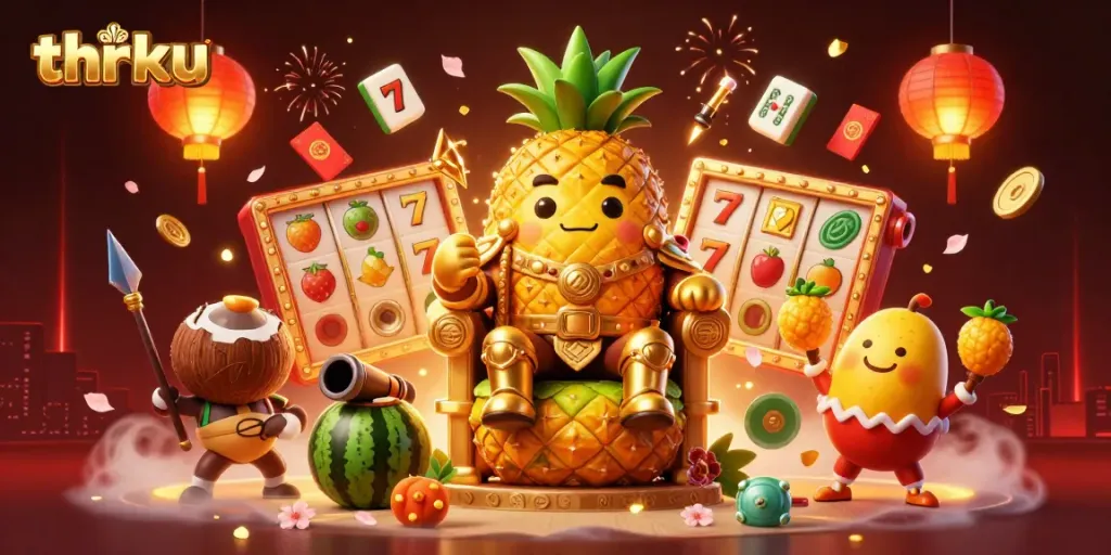 thrku showcases a vibrant casino scene featuring a golden pineapple king surrounded by dynamic slot elements.