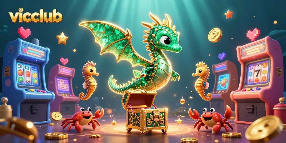 Experience the thrill of vicclub as emerald sea dragons and treasure chests dive into a vibrant casino scene filled with game machines.