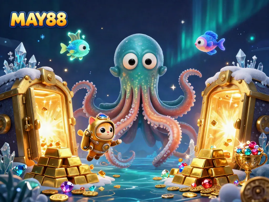 MAY88 captures the excitement of online gambling with a kraken, diving cat, and treasure elements in a vibrant casino scene.