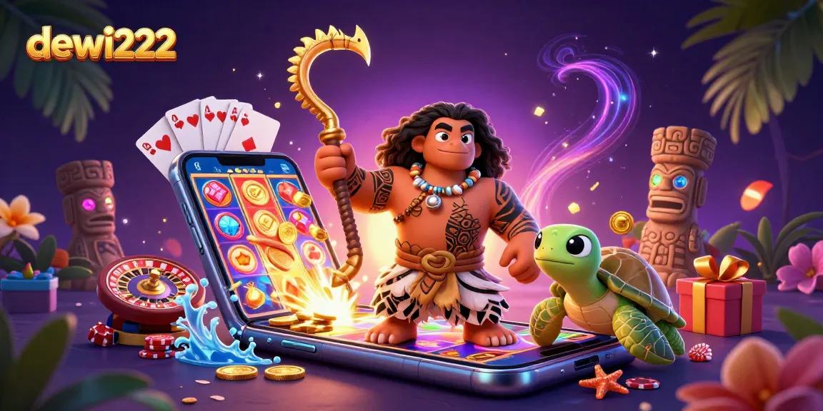 Permainan slot menarik di dewi222 dengan karakter Maui dan kura-kura mengelilingi simbol keberuntungan.