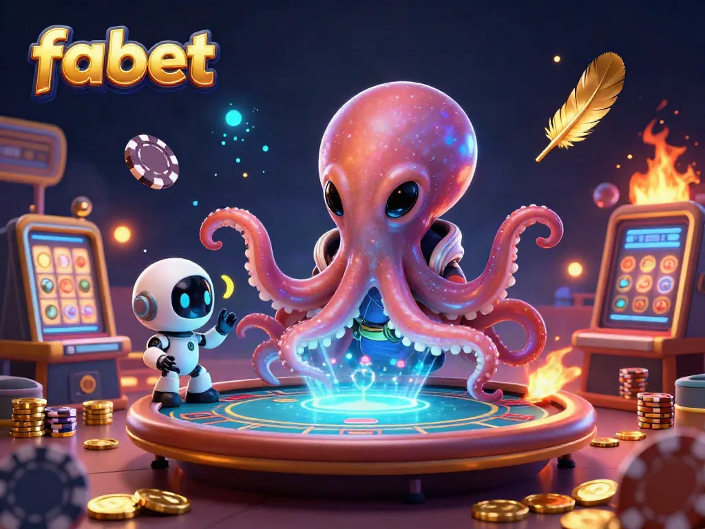 Experience the thrill of fabet with a vibrant 3D alien octopus at a holographic poker table, surrounded by casino game elements.