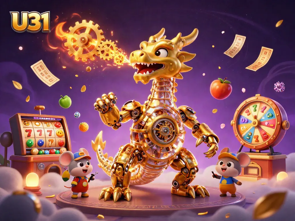 Experience the thrill of U31 with a golden dragon, slots, and lively casino elements.