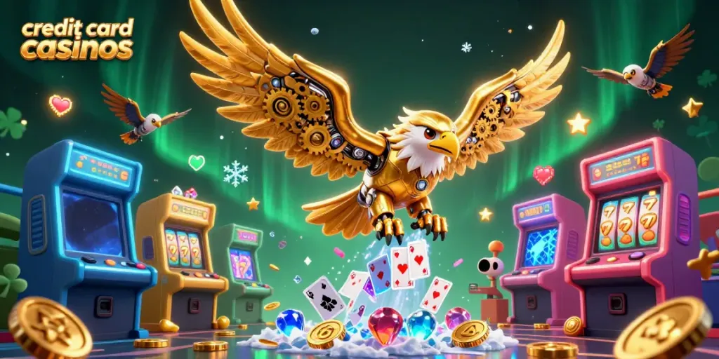 Experience excitement at credit card casinos with a cybernetic eagle diving through glowing arcade machines and playing cards.