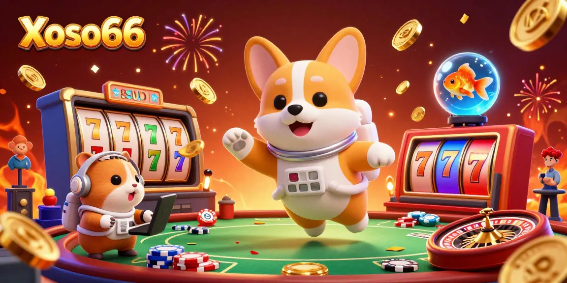 Xoso66 casino scene featuring a cartoon astronaut corgi floating among vibrant slot reels and golden coins.