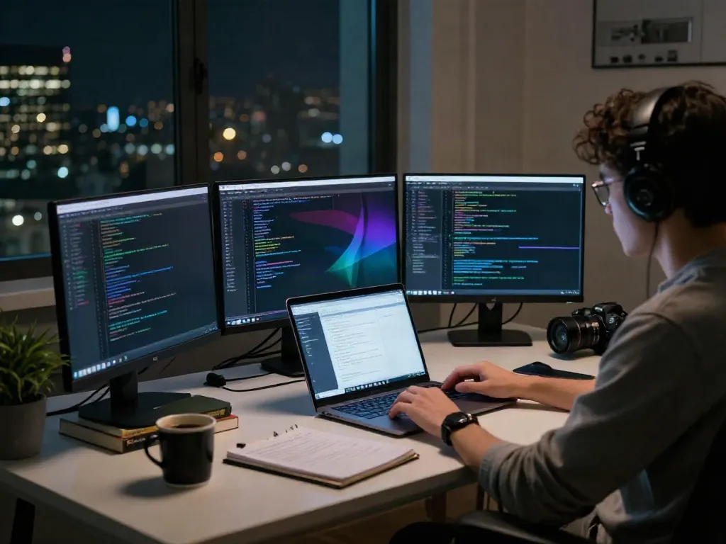 Person researching hidden wiki in a modern home office with dark web insights on multiple screens.