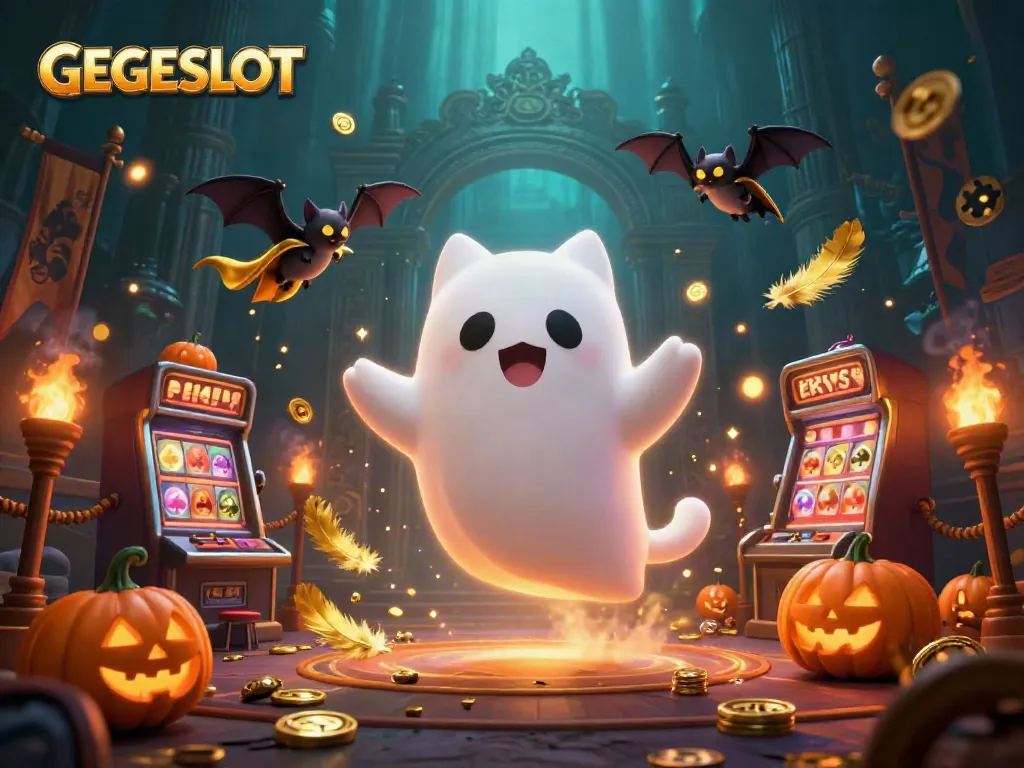 Capture the thrill of GEGESLOT with a ghost cat and bat in a haunted casino scene.
