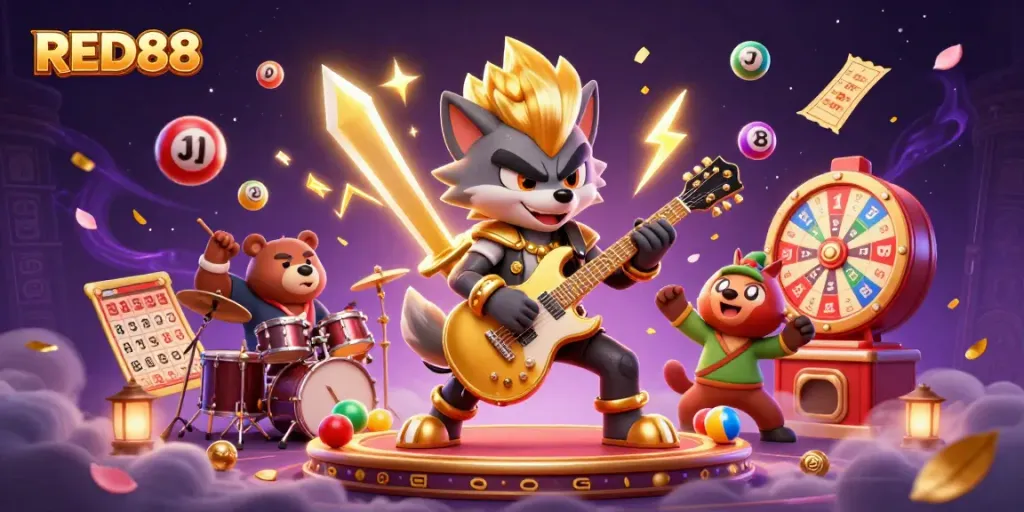 Engage with the electrifying world of RED88 casino gaming illustrated by a dynamic cartoon band.