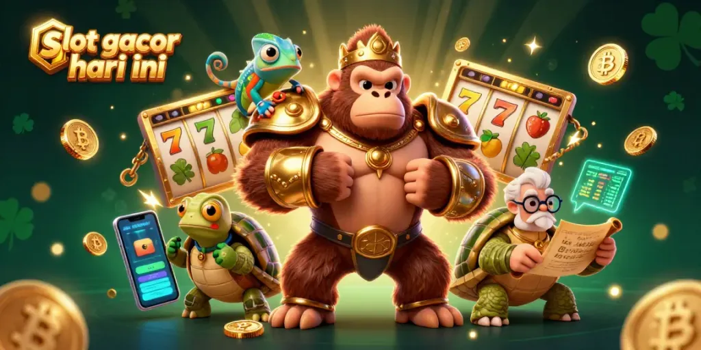 Slot gacor hari ini, bermain dengan simbol jackpot dan karakter menarik dalam ilustrasi kasino yang dinamis.