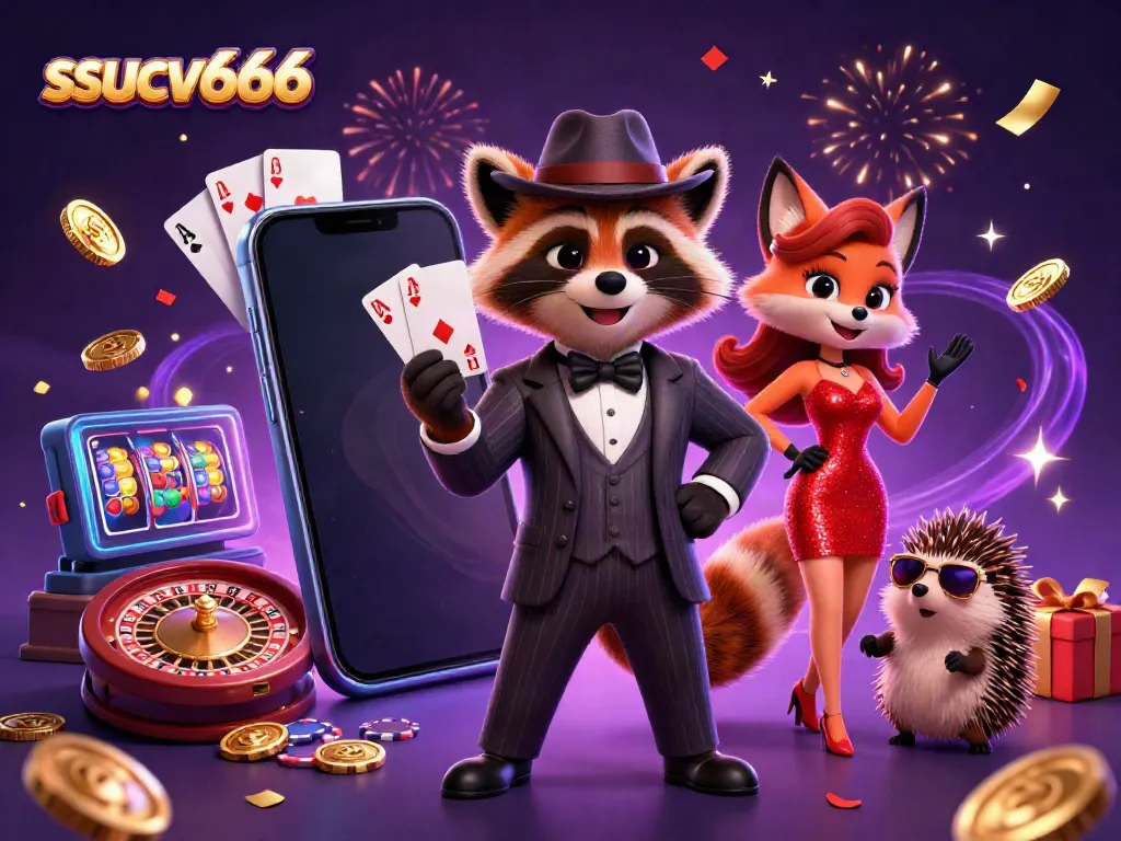 Experience winning excitement with ssucv666 in a vibrant casino illustration featuring playful characters.
