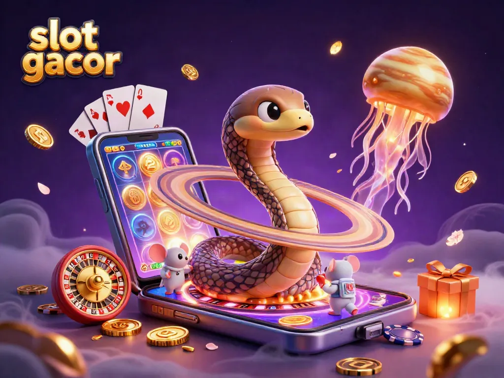 Engage with slot gacor action in a vibrant 3D casino scene filled with cosmic elements.