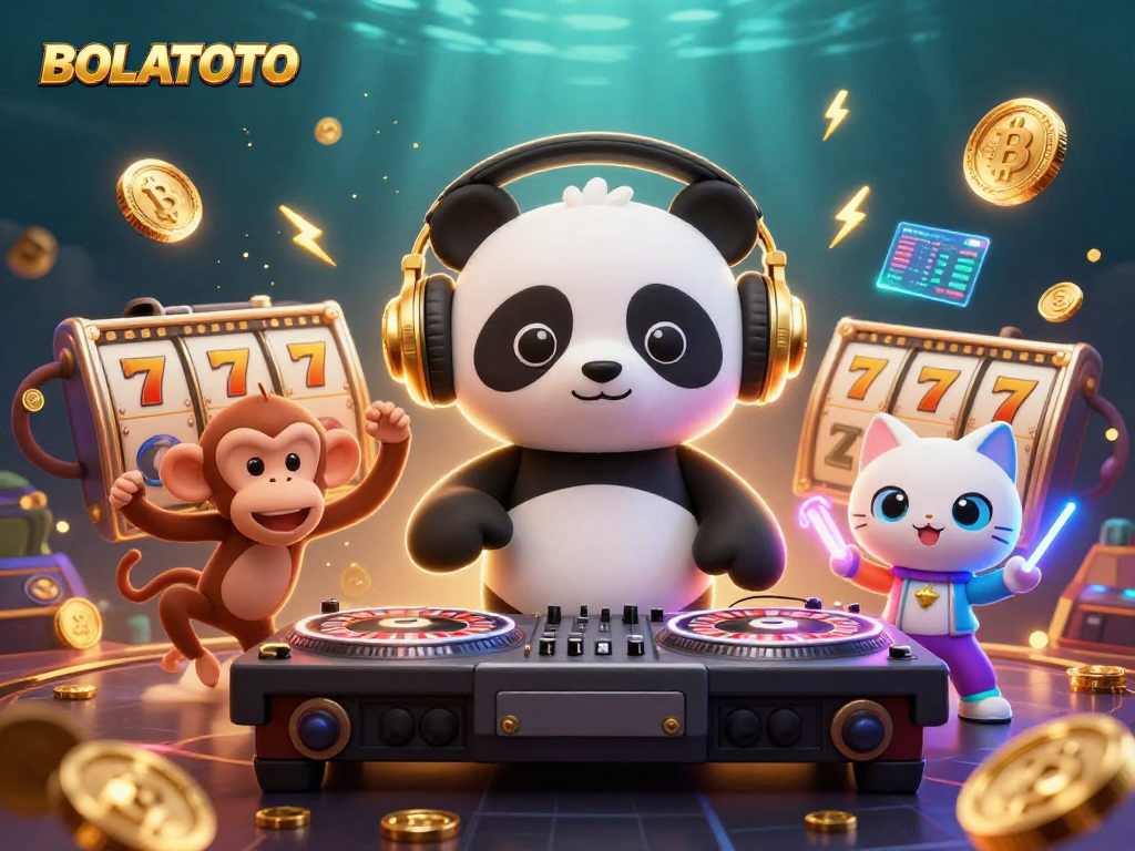BOLATOTO features a DJ panda spinning roulette wheel turntables, coins flying in a vibrant casino scene.