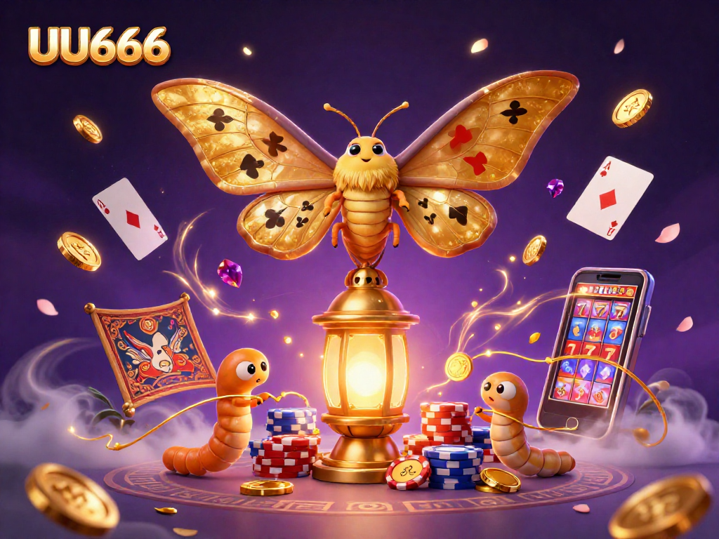 UU666 offers exciting casino dynamics with golden moths and vivid game elements in a lively illustration.